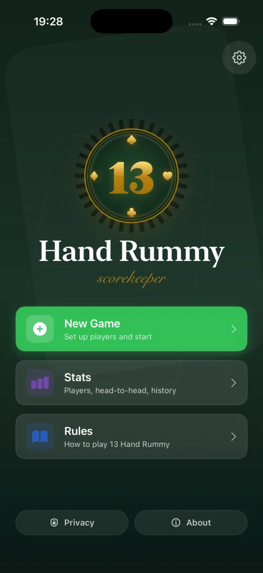 13 Hand Rummy Scorekeeper main menu showing New Game, Stats, and Rules actions.