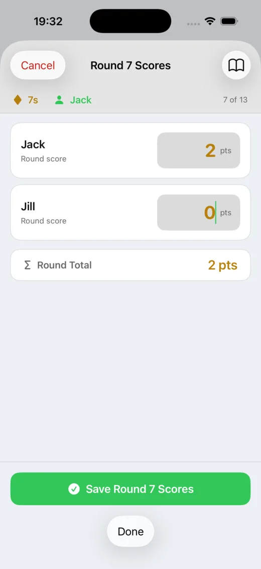 Round score entry screen with player score fields and a save scores button.