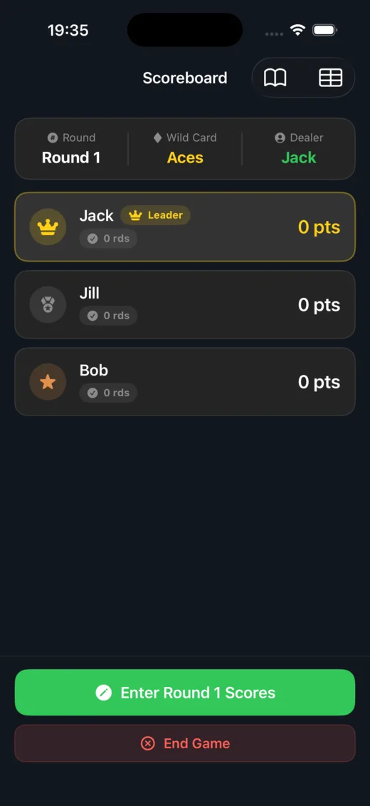 Scoreboard screen with round, wild card, dealer, player totals, and score entry action.