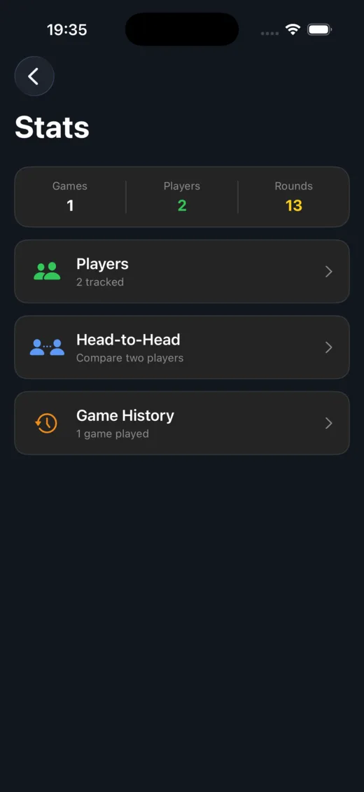 Stats hub screen with players, head-to-head, and game history navigation.